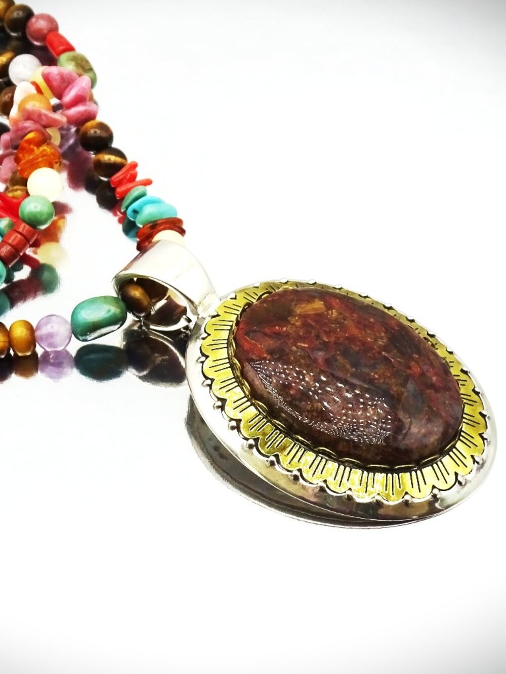 CAROLYN POLLACK Sterling Silver Brass Pendant Multi Stone Three Strands Necklace